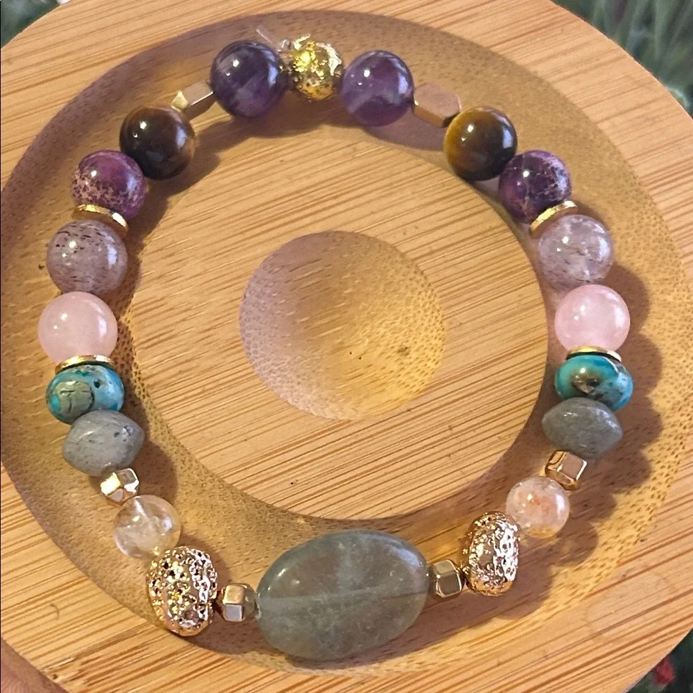 Handmade Fluorite + Rose Quartz + Amethyst Bracelet with Gold Accents